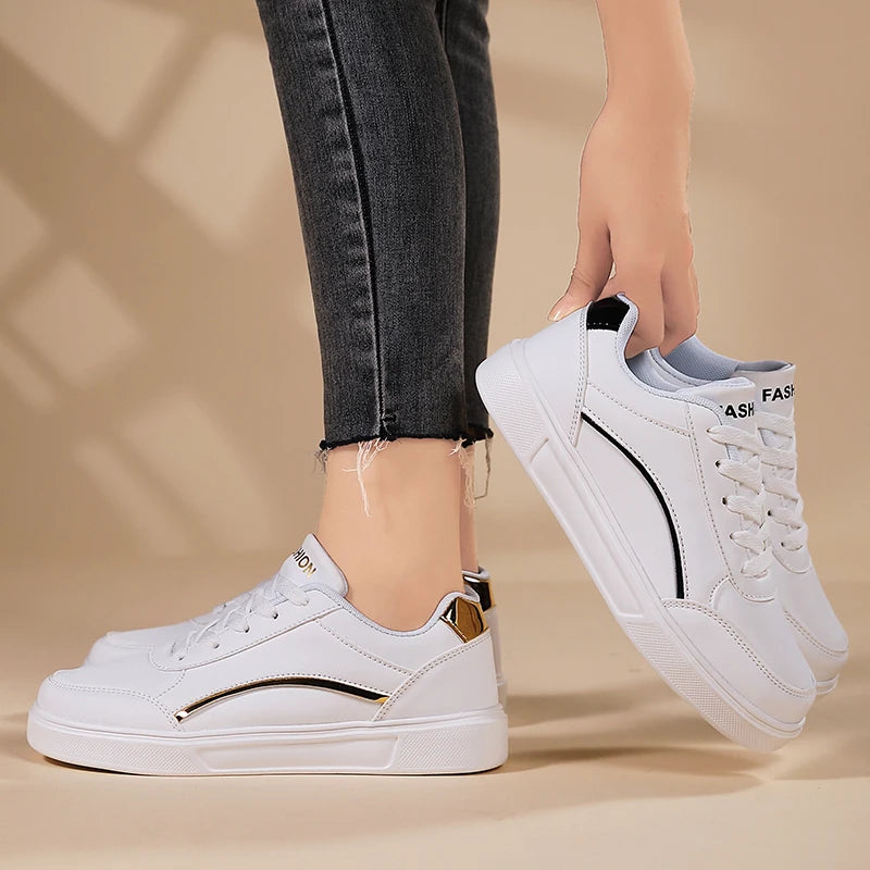 Women White Shoes Flat Female White Board Casual Shoes Lace Up PU Leather Walking Sneakers Thick Sole Outdoor Luxury Fashion