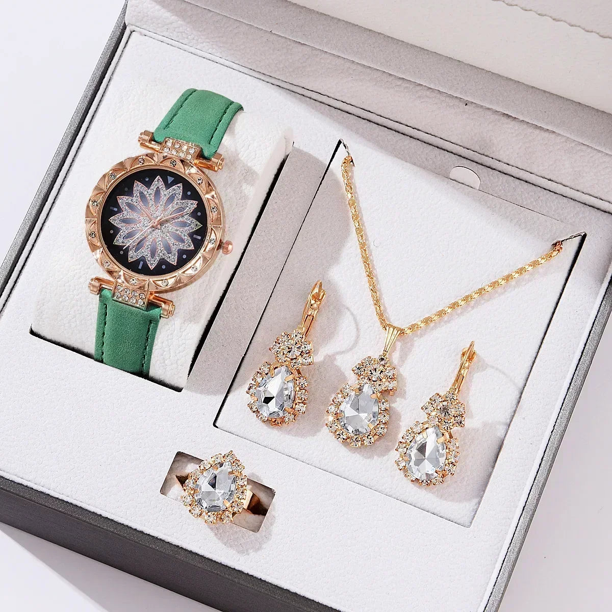 5/6PCS Set Rose Gold Luxury Watch Women Ring Necklace Earring Rhinestone Fashion Wristwatch Casual Ladies Bracelet( No Box)