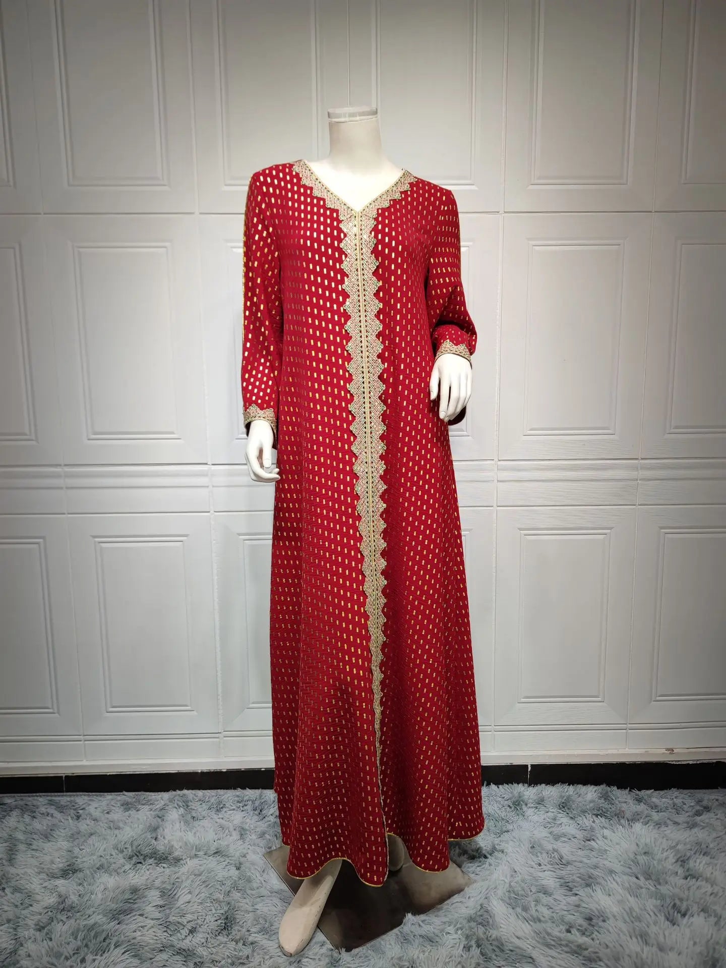 Modest Muslim Maxi Dress For Women Spring 2025 Lace Tape Trim V Neck Long Sleeve Loose Arab Oman Dubai Gold Stamping Robe Pink