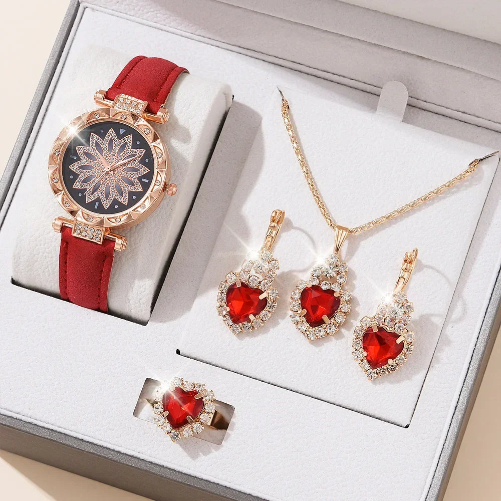 5/6PCS Set Rose Gold Luxury Watch Women Ring Necklace Earring Rhinestone Fashion Wristwatch Casual Ladies Bracelet( No Box)