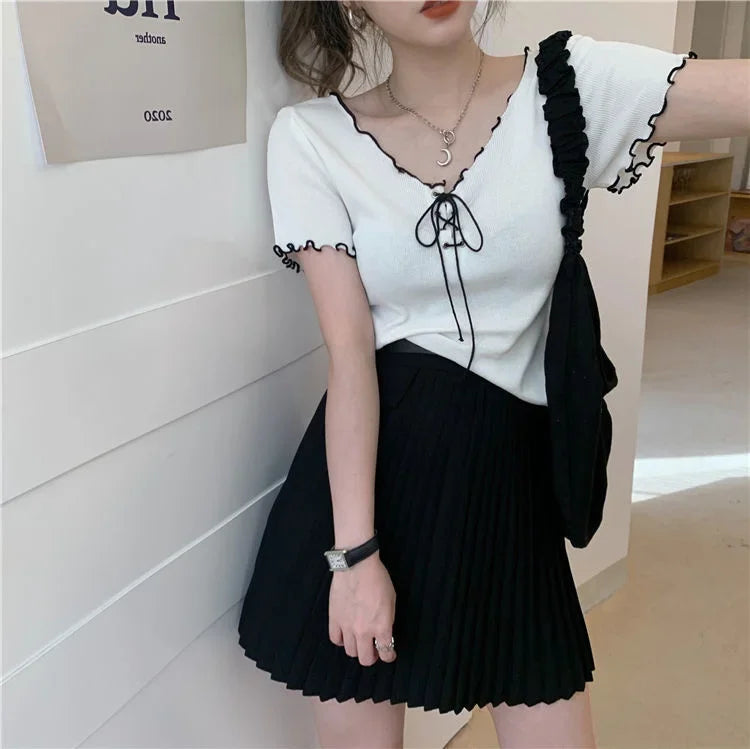 Woman T-shirts Summer White V-neck Top Knitted Short-Sleeved T-shirt for Women Mujer Camisetas