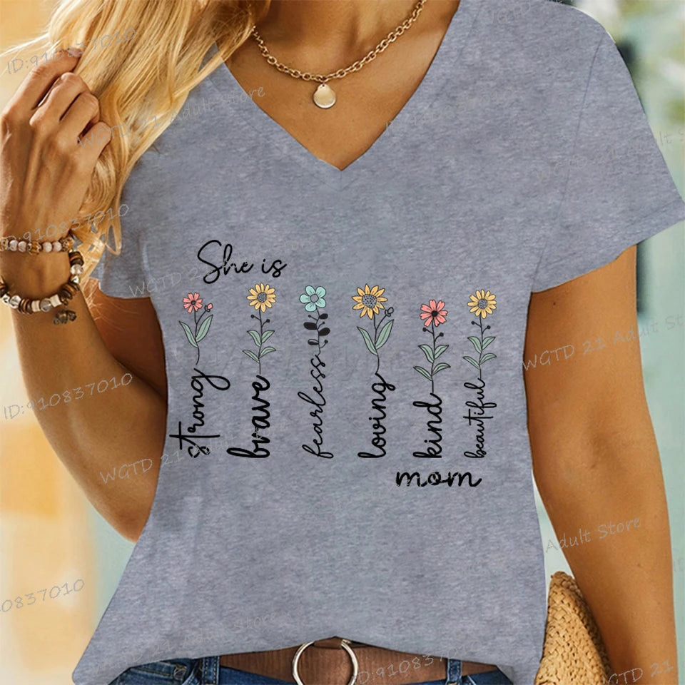 Women T-shirt She Is Strong Kind Print Wild Flower Tees Bible Verses Mom Life V Neck Shirt Ladies Casual Tops Gift Mother's Day
