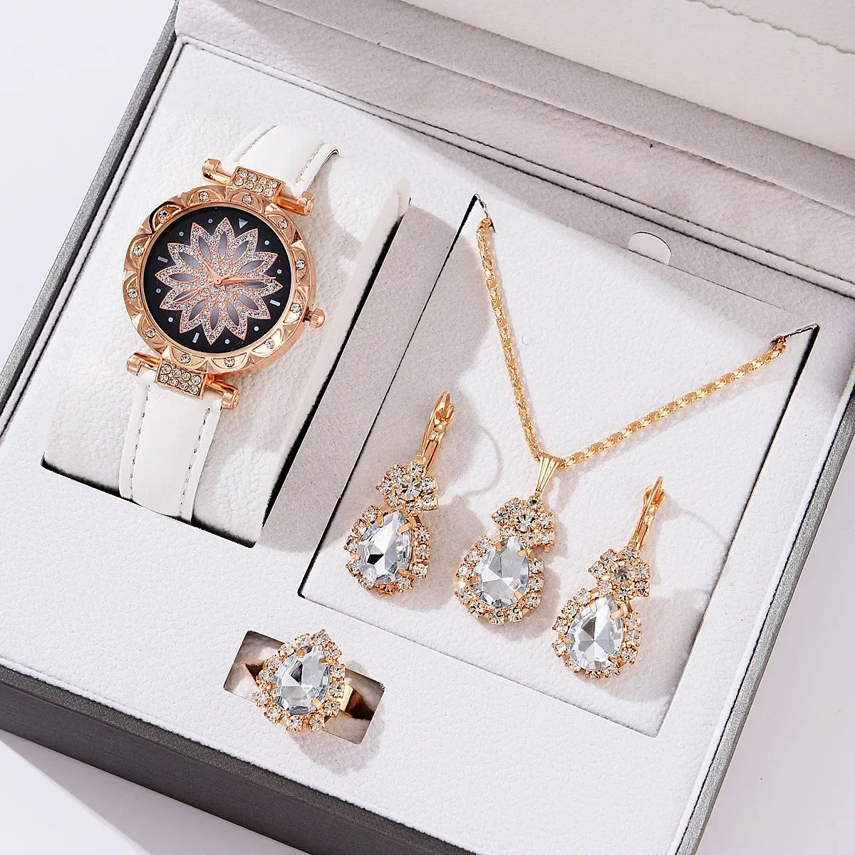 5/6PCS Set Rose Gold Luxury Watch Women Ring Necklace Earring Rhinestone Fashion Wristwatch Casual Ladies Bracelet( No Box)