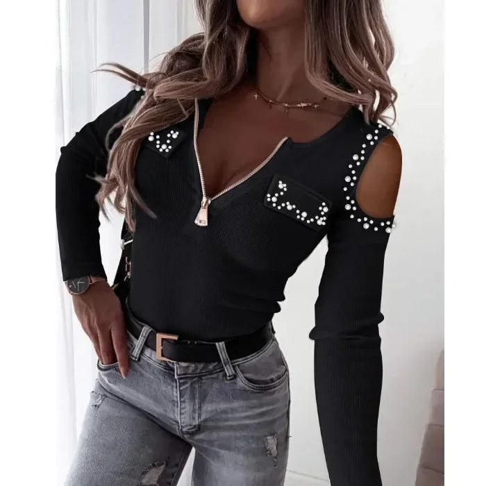 Woman Blouse Streetwear Spring 2024 New Long Sleeved V-Neck Off Shoulder Tops Fashion Casual Daily T-shirt Female's Pullover Tee