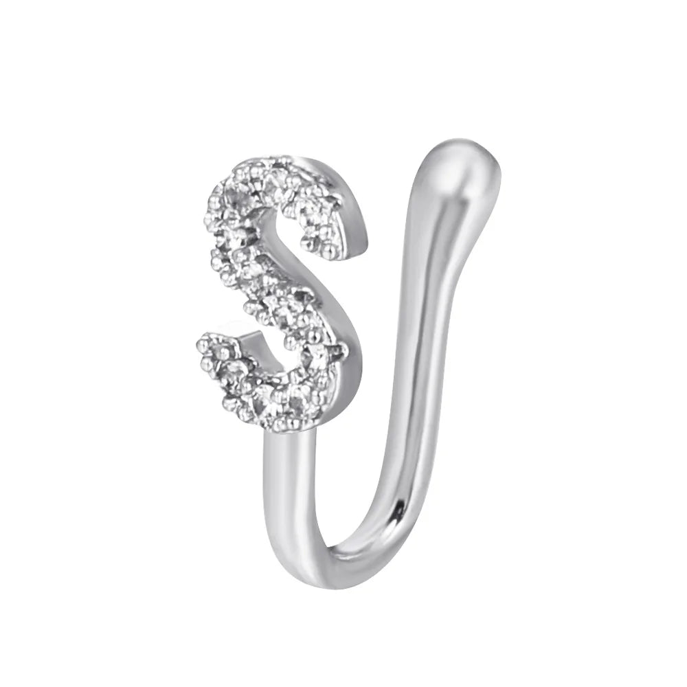 Women A B C D E F M S T-Z Crystal Letter Crystal Nose Clip Ring Fake Septum Piering Body Jewelry Non Perforation Nose Ring Stud