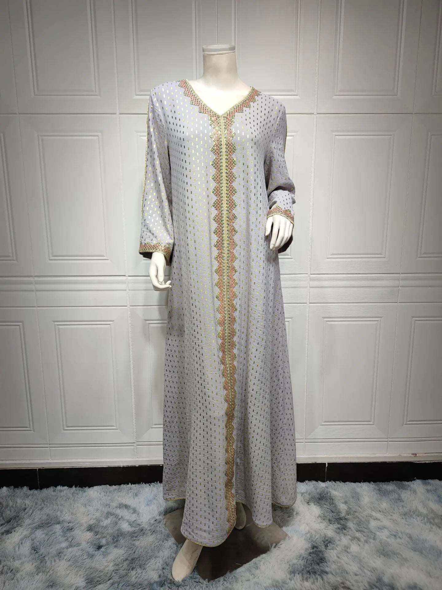 Modest Muslim Maxi Dress For Women Spring 2025 Lace Tape Trim V Neck Long Sleeve Loose Arab Oman Dubai Gold Stamping Robe Pink