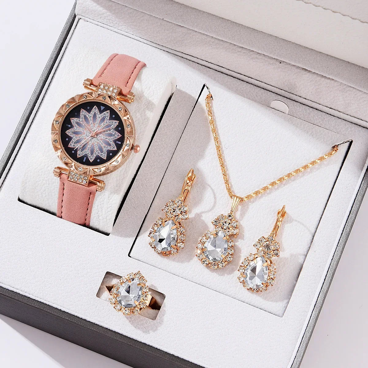 5/6PCS Set Rose Gold Luxury Watch Women Ring Necklace Earring Rhinestone Fashion Wristwatch Casual Ladies Bracelet( No Box)