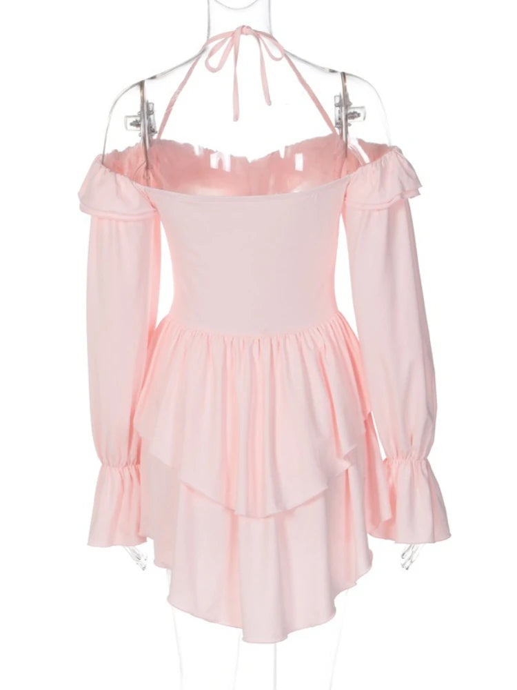 Woman Clothes Sexy Ruffles High Waist Rompers Short Jumpsuit 2025 Autumn Lace-up Off Shoulder Long Sleeve Pink Playsuit Clubwear