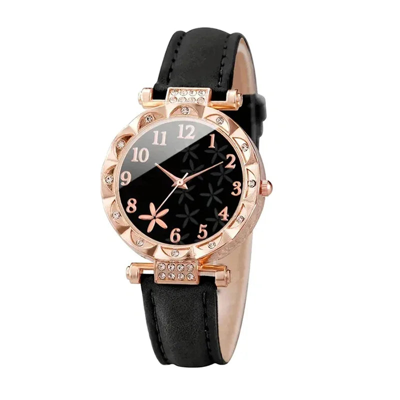 6pcs/set New Women's Rhinestone Dial Strap Quartz Watch Female Casual Heart Firework PU Leather Wrist Watch Ensemble Argent