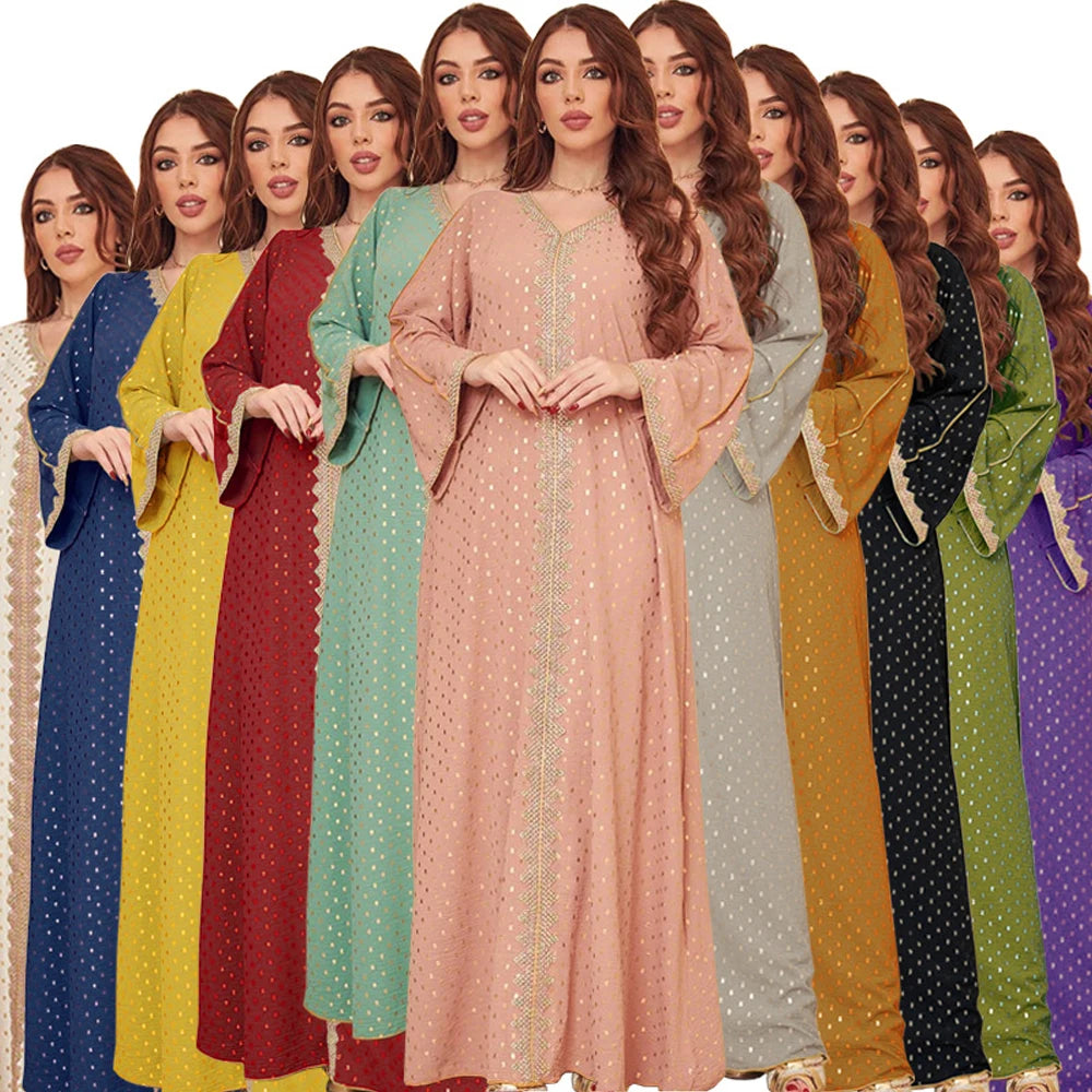 Modest Muslim Maxi Dress For Women Spring 2025 Lace Tape Trim V Neck Long Sleeve Loose Arab Oman Dubai Gold Stamping Robe Pink