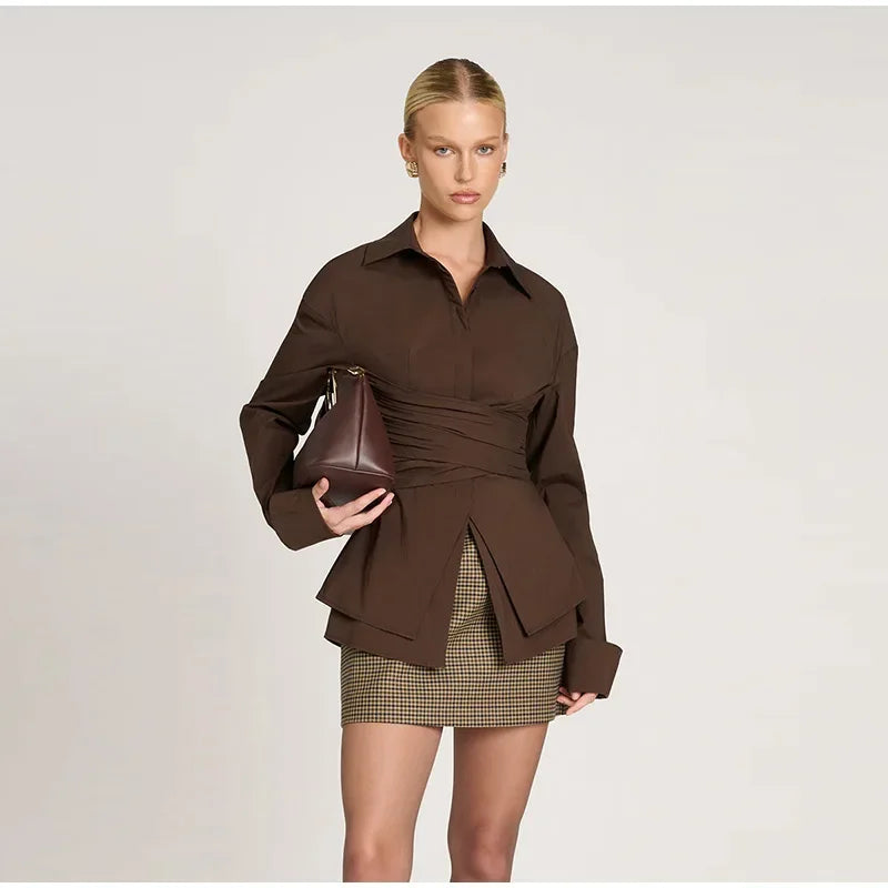 Fashion Woman Waist Shirt  New Turn-Down Collar Single Breasted Female Blouse Solid Color Shirts Office Lady Clothing