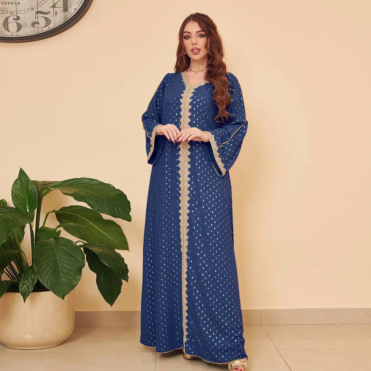 Modest Muslim Maxi Dress For Women Spring 2025 Lace Tape Trim V Neck Long Sleeve Loose Arab Oman Dubai Gold Stamping Robe Pink