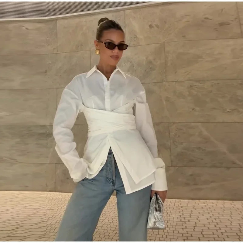 Fashion Woman Waist Shirt  New Turn-Down Collar Single Breasted Female Blouse Solid Color Shirts Office Lady Clothing