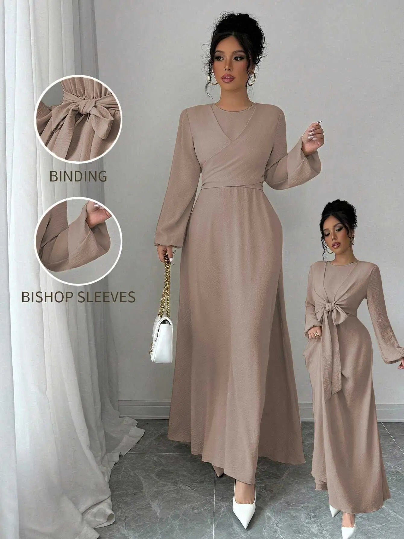 Trendy Modest Dress in Cream Tone Cross Neck and Waist Binding Design Great for Modern Islamic Women's Daily and Occasional Wear