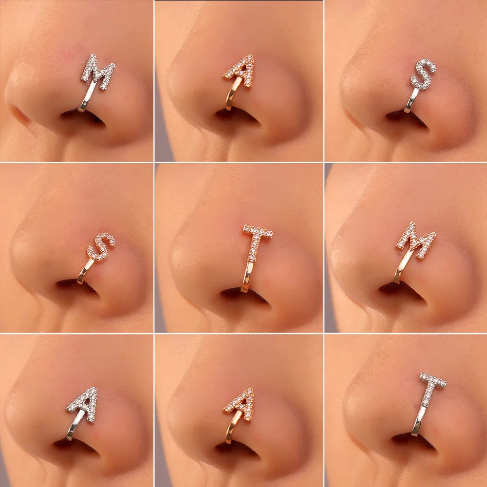 Women A B C D E F M S T-Z Crystal Letter Crystal Nose Clip Ring Fake Septum Piering Body Jewelry Non Perforation Nose Ring Stud