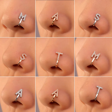 Women A B C D E F M S T-Z Crystal Letter Crystal Nose Clip Ring Fake Septum Piering Body Jewelry Non Perforation Nose Ring Stud