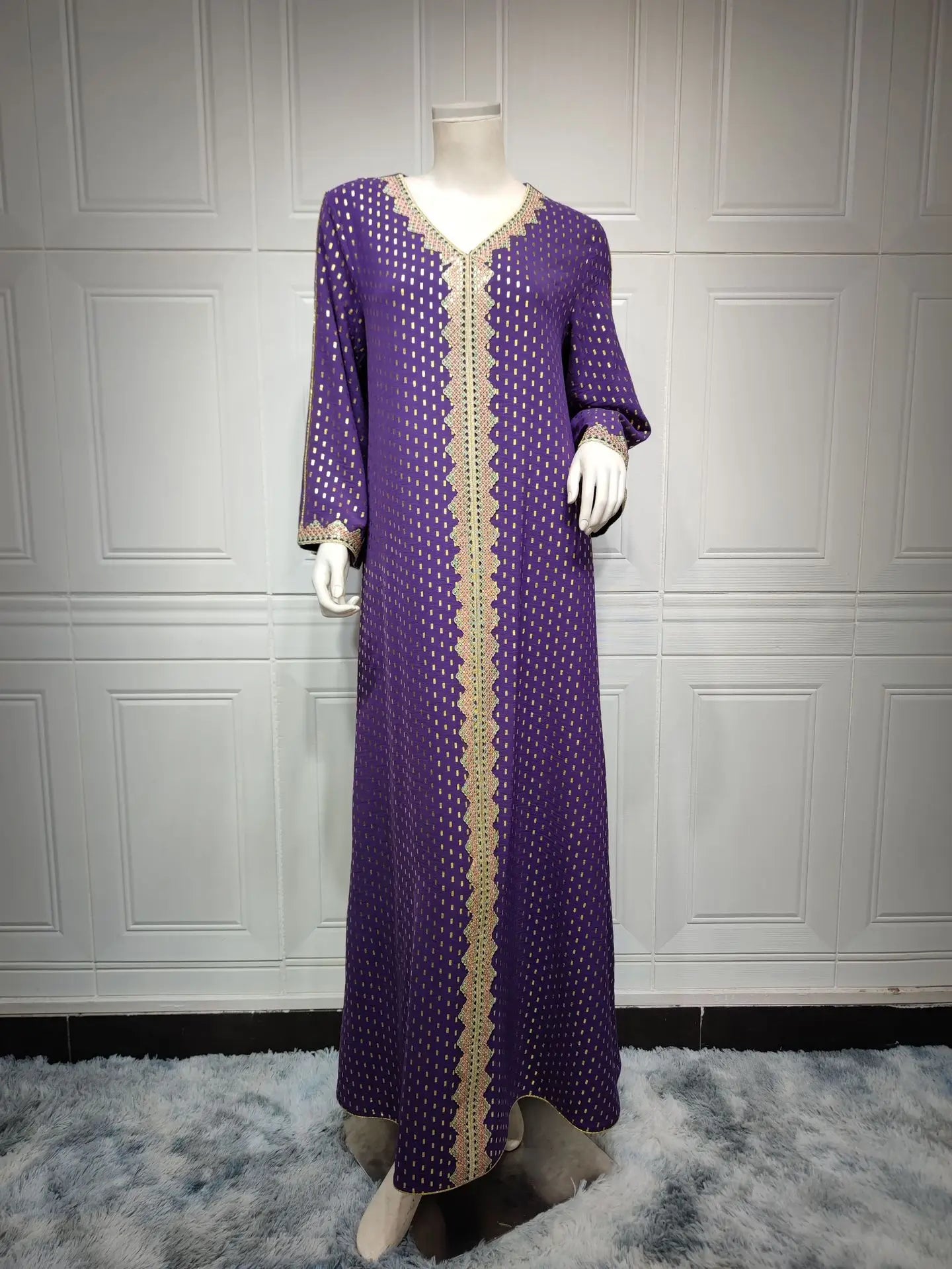 Modest Muslim Maxi Dress For Women Spring 2025 Lace Tape Trim V Neck Long Sleeve Loose Arab Oman Dubai Gold Stamping Robe Pink