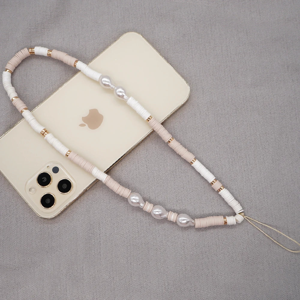 Clay Solid Color Mobile Phone Charm Phone Strap Lanyard Imitation Pearl Rope Cellphone Chains for Women Fashion Accessories