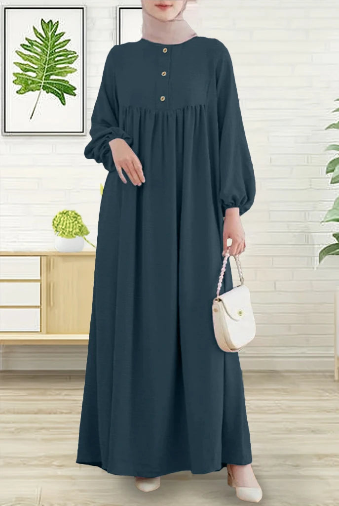 Modest Abaya Dress for Muslim Women Simple Bubble Sleeve Robe Crew Neck Breathable Islamic Abaya Dress
