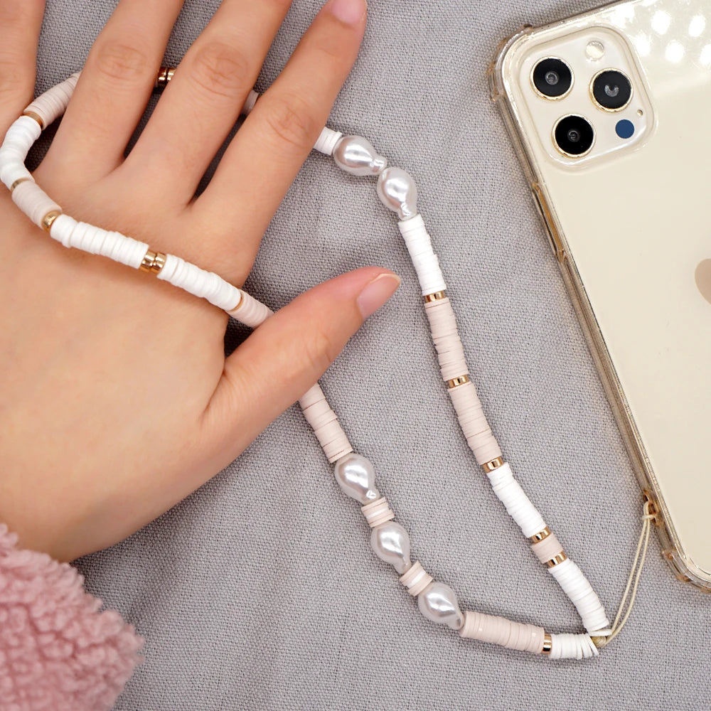 Clay Solid Color Mobile Phone Charm Phone Strap Lanyard Imitation Pearl Rope Cellphone Chains for Women Fashion Accessories