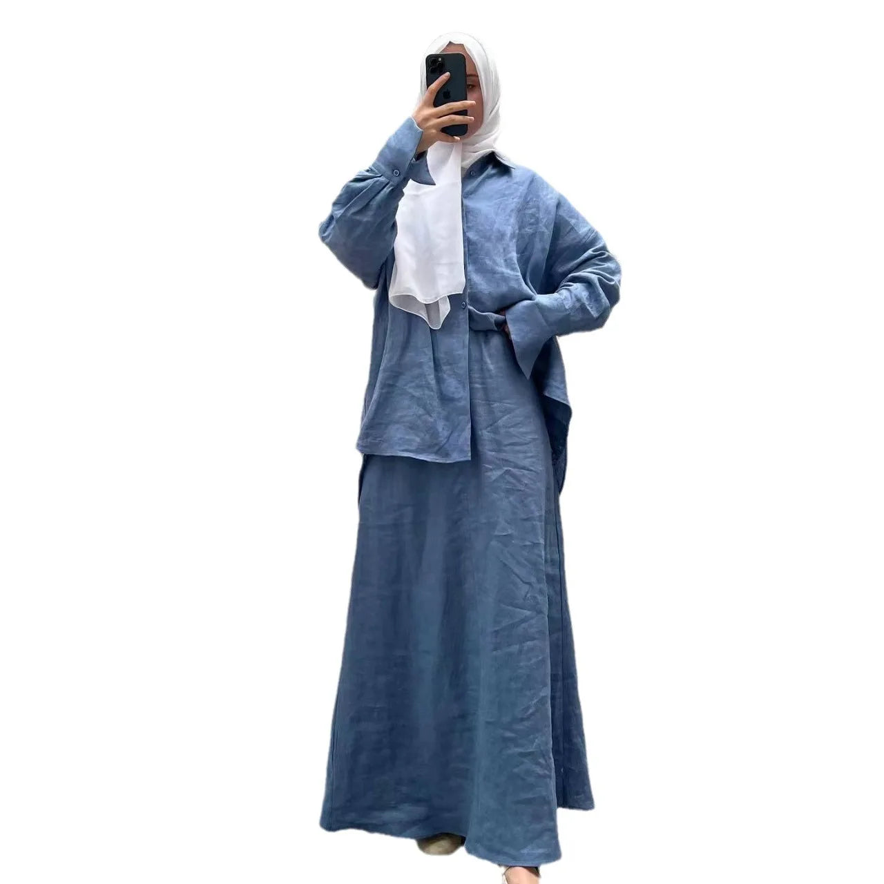Muslim Women 2 Piece Sets Shirts Skirt Outfits Single Breasted Morocco Dubai Islam Blouse Long Skirts Suit Saudi Modest Ensemble