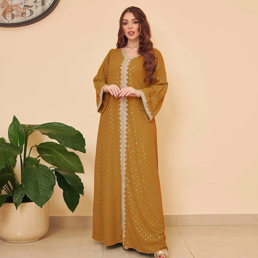 Modest Muslim Maxi Dress For Women Spring 2025 Lace Tape Trim V Neck Long Sleeve Loose Arab Oman Dubai Gold Stamping Robe Pink