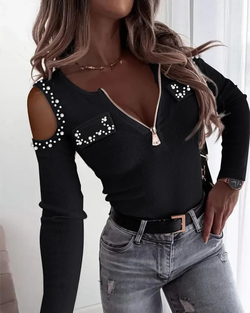 Woman Blouse Streetwear Spring 2024 New Long Sleeved V-Neck Off Shoulder Tops Fashion Casual Daily T-shirt Female's Pullover Tee
