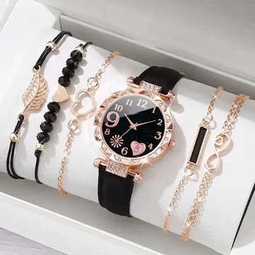 6pcs/set New Women's Rhinestone Dial Strap Quartz Watch Female Casual Heart Firework PU Leather Wrist Watch Ensemble Argent