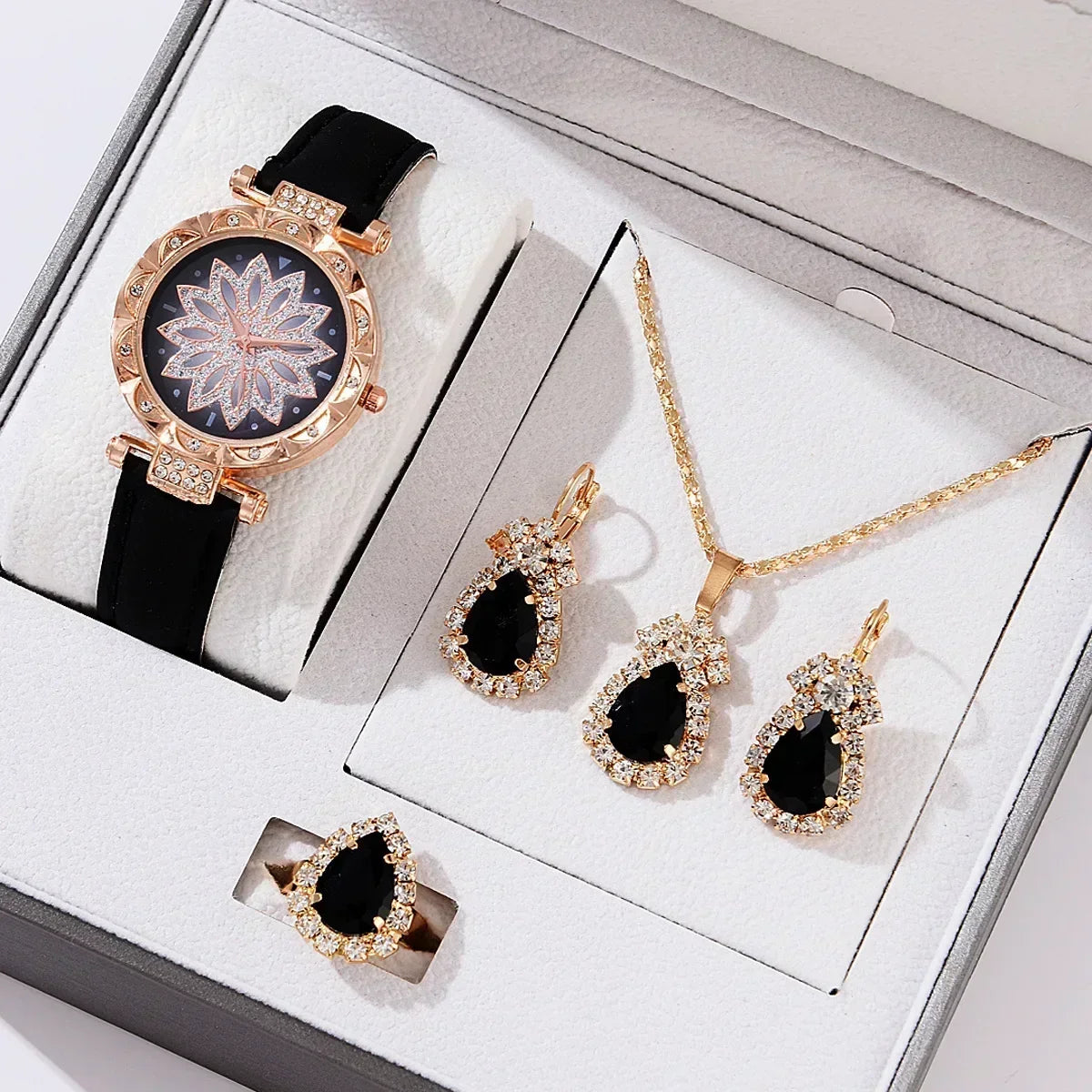 5/6PCS Set Rose Gold Luxury Watch Women Ring Necklace Earring Rhinestone Fashion Wristwatch Casual Ladies Bracelet( No Box)