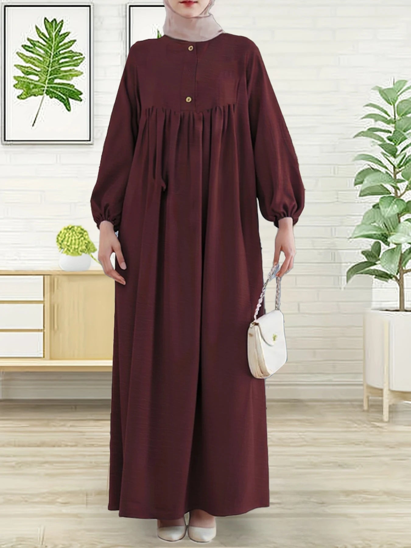 Modest Abaya Dress for Muslim Women Simple Bubble Sleeve Robe Crew Neck Breathable Islamic Abaya Dress