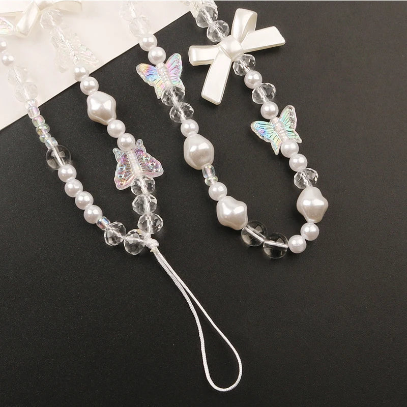 Creative Crystal Bowknot Pearl Beaded Mobile Phone Straps for Women Phone Case Key Chain Bag Pendant Decoration Accessories