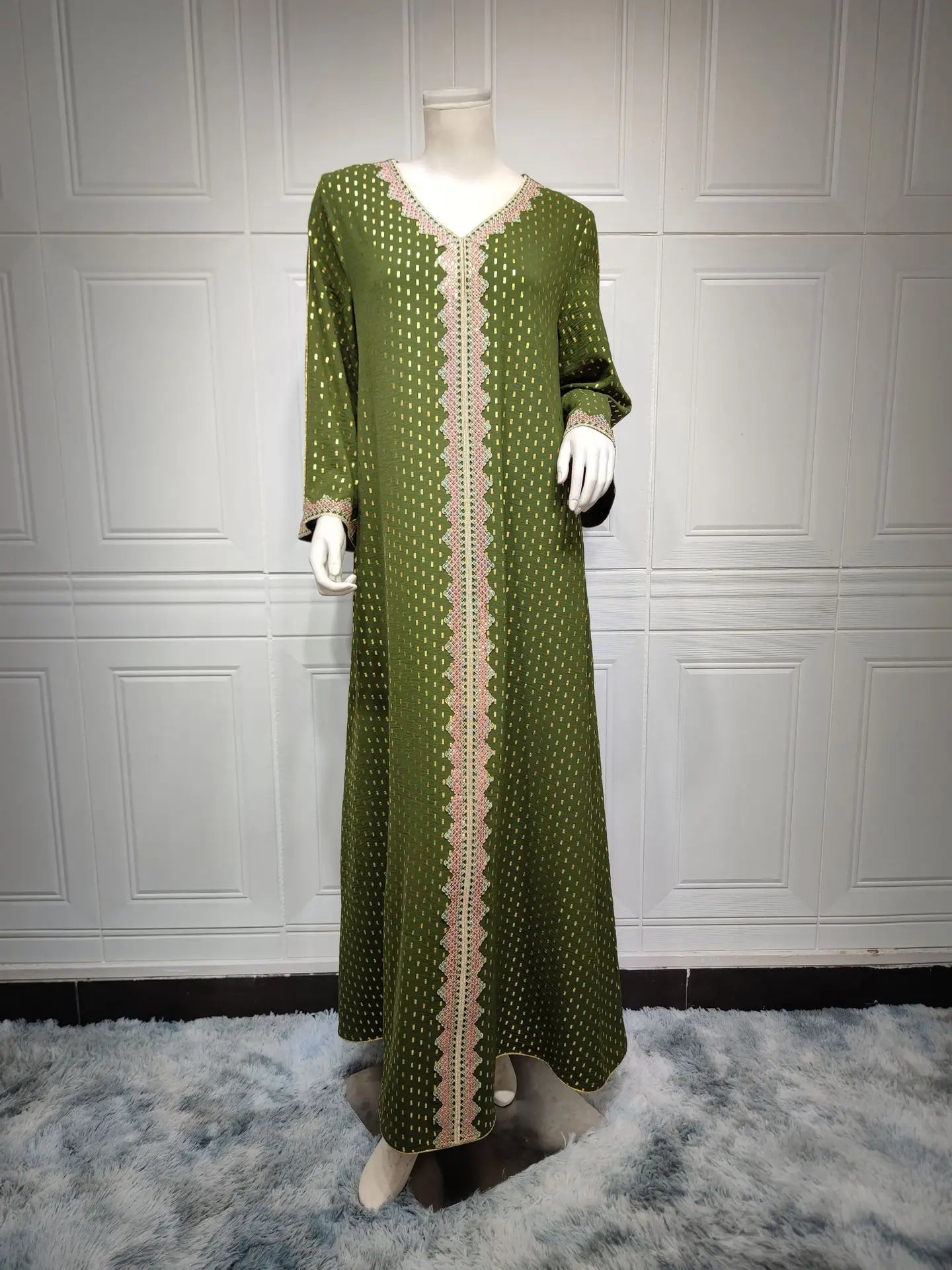 Modest Muslim Maxi Dress For Women Spring 2025 Lace Tape Trim V Neck Long Sleeve Loose Arab Oman Dubai Gold Stamping Robe Pink