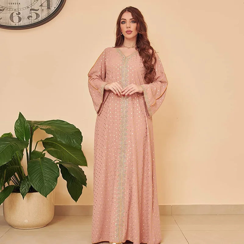 Modest Muslim Maxi Dress For Women Spring 2025 Lace Tape Trim V Neck Long Sleeve Loose Arab Oman Dubai Gold Stamping Robe Pink