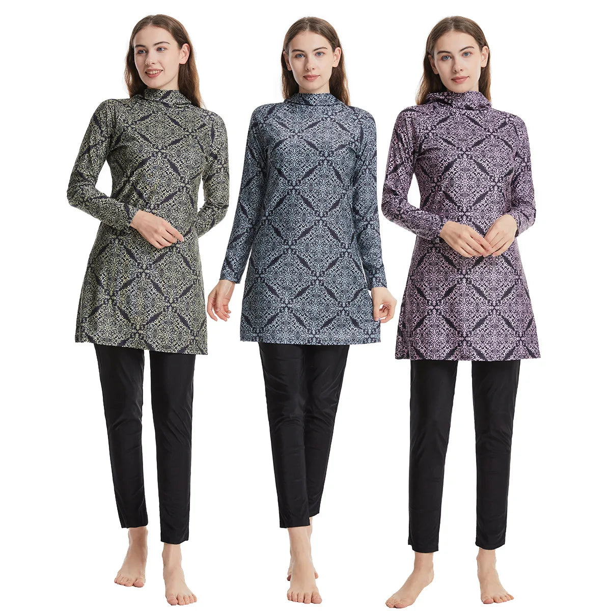 Muslim Modest Burkini Women Long Sleeve Print Swimwear Full Cover Swimsuit Islamic Bathing Suit Beachwear Swimming Costumes Set