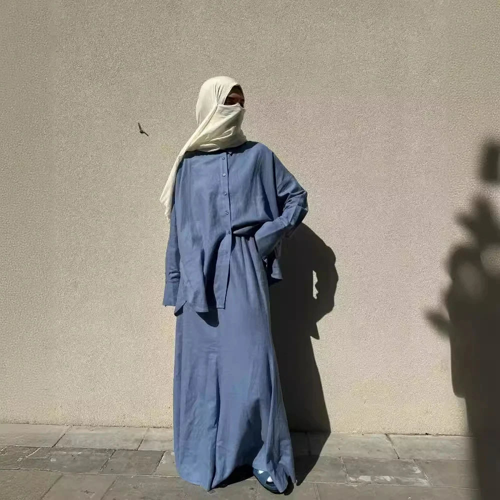 Muslim Women 2 Piece Sets Shirts Skirt Outfits Single Breasted Morocco Dubai Islam Blouse Long Skirts Suit Saudi Modest Ensemble