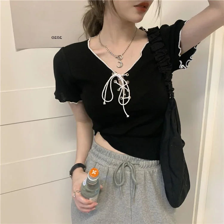 Woman T-shirts Summer White V-neck Top Knitted Short-Sleeved T-shirt for Women Mujer Camisetas