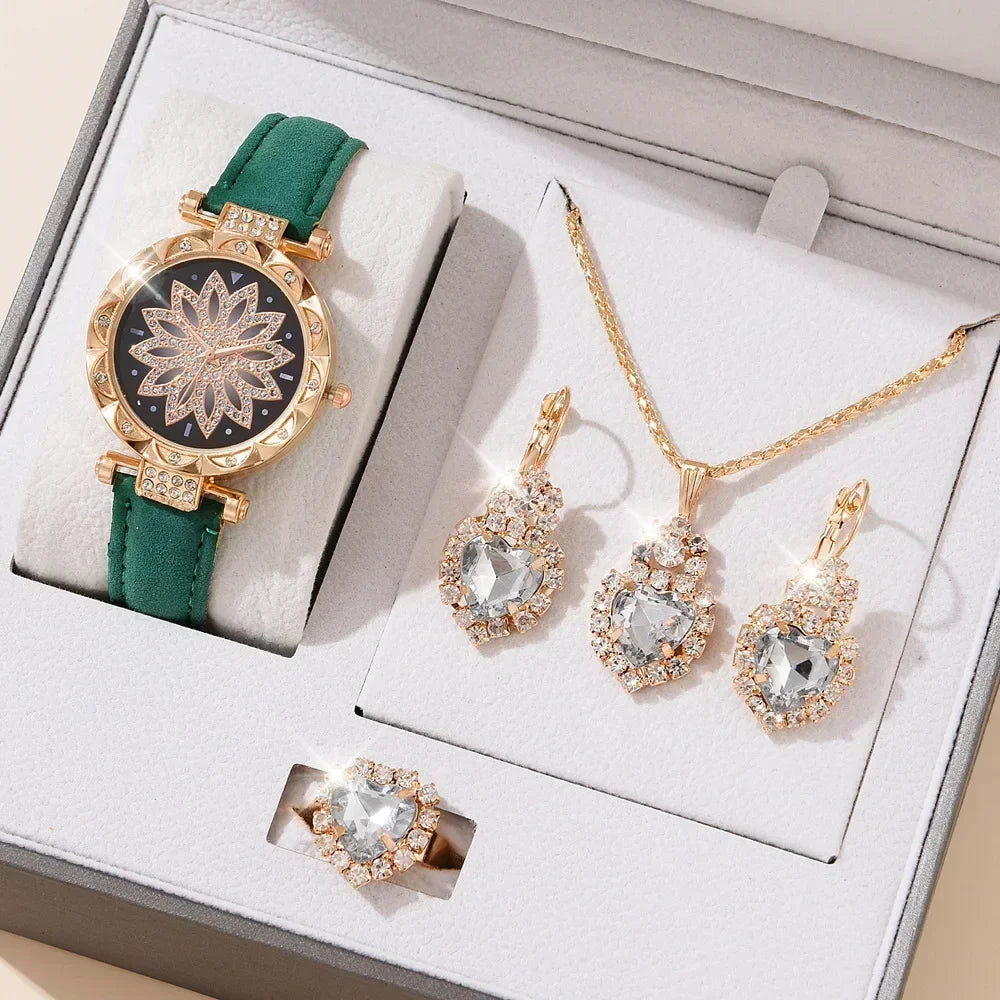 5/6PCS Set Rose Gold Luxury Watch Women Ring Necklace Earring Rhinestone Fashion Wristwatch Casual Ladies Bracelet( No Box)