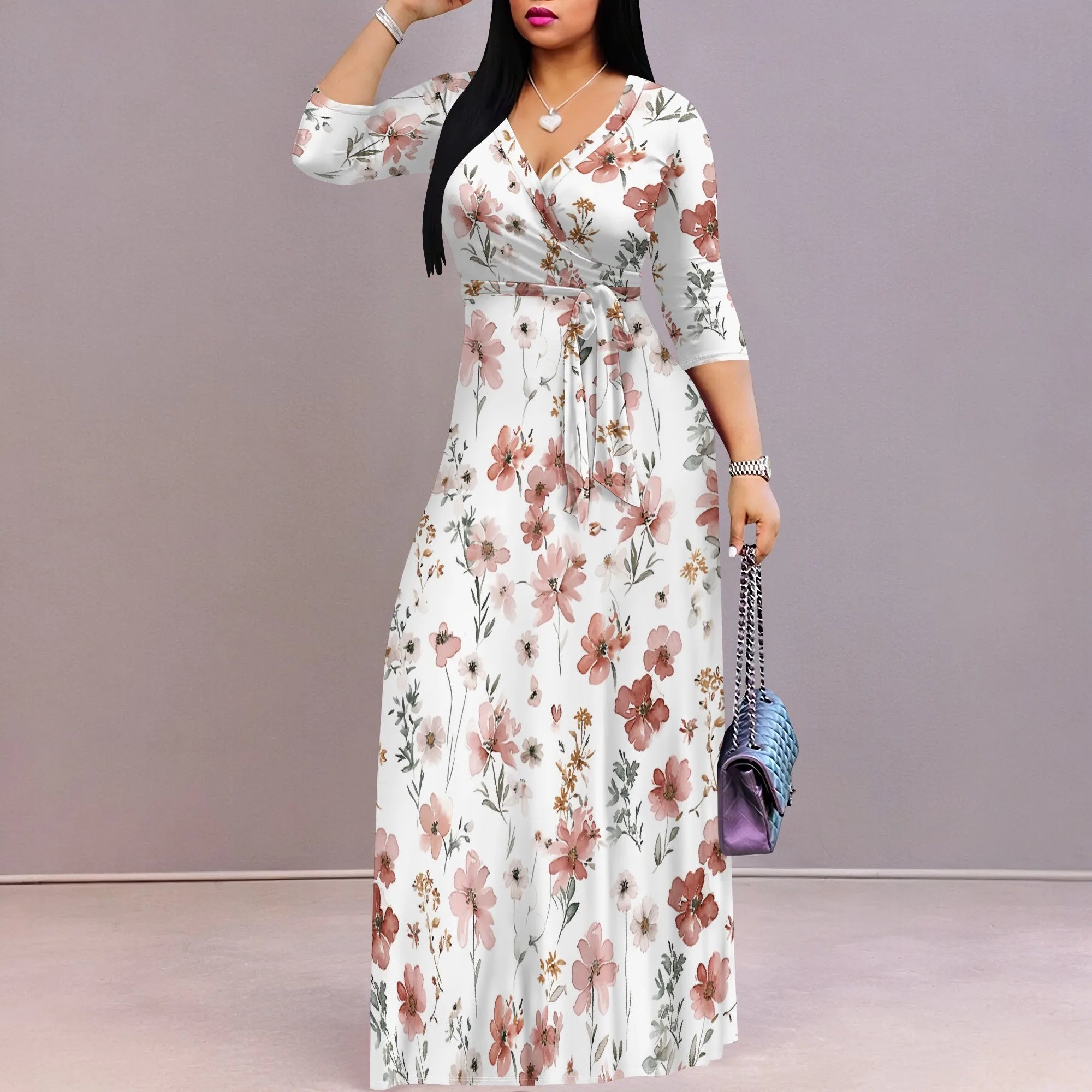 Women's Modest Floral Maxi Dress Wrap V Neck Elegant Long Sleeve Spring Church Wedding Guest Brunch Dress S-3XL