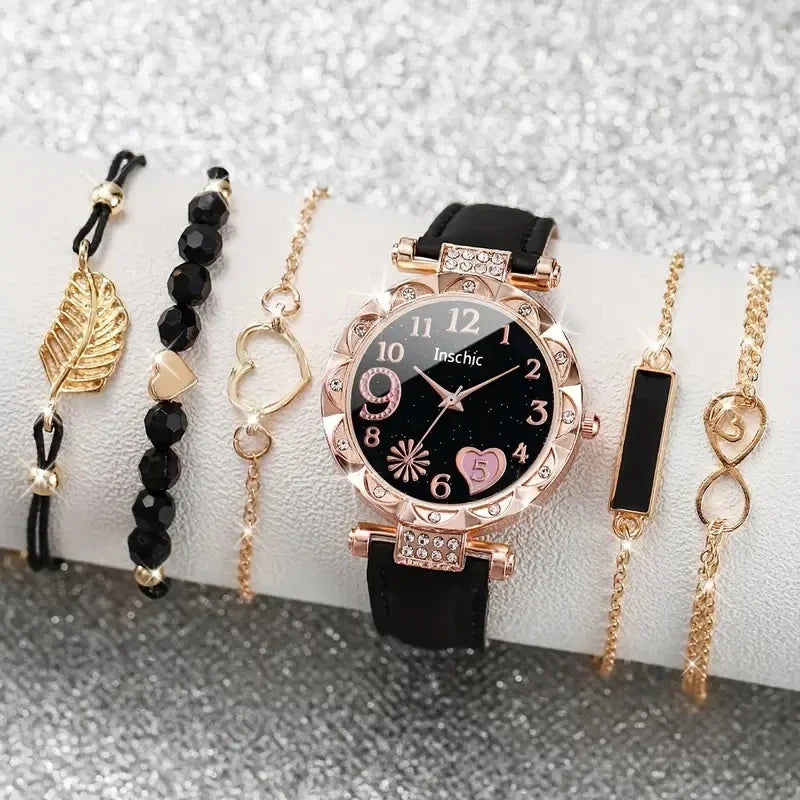 6pcs/set New Women's Rhinestone Dial Strap Quartz Watch Female Casual Heart Firework PU Leather Wrist Watch Ensemble Argent