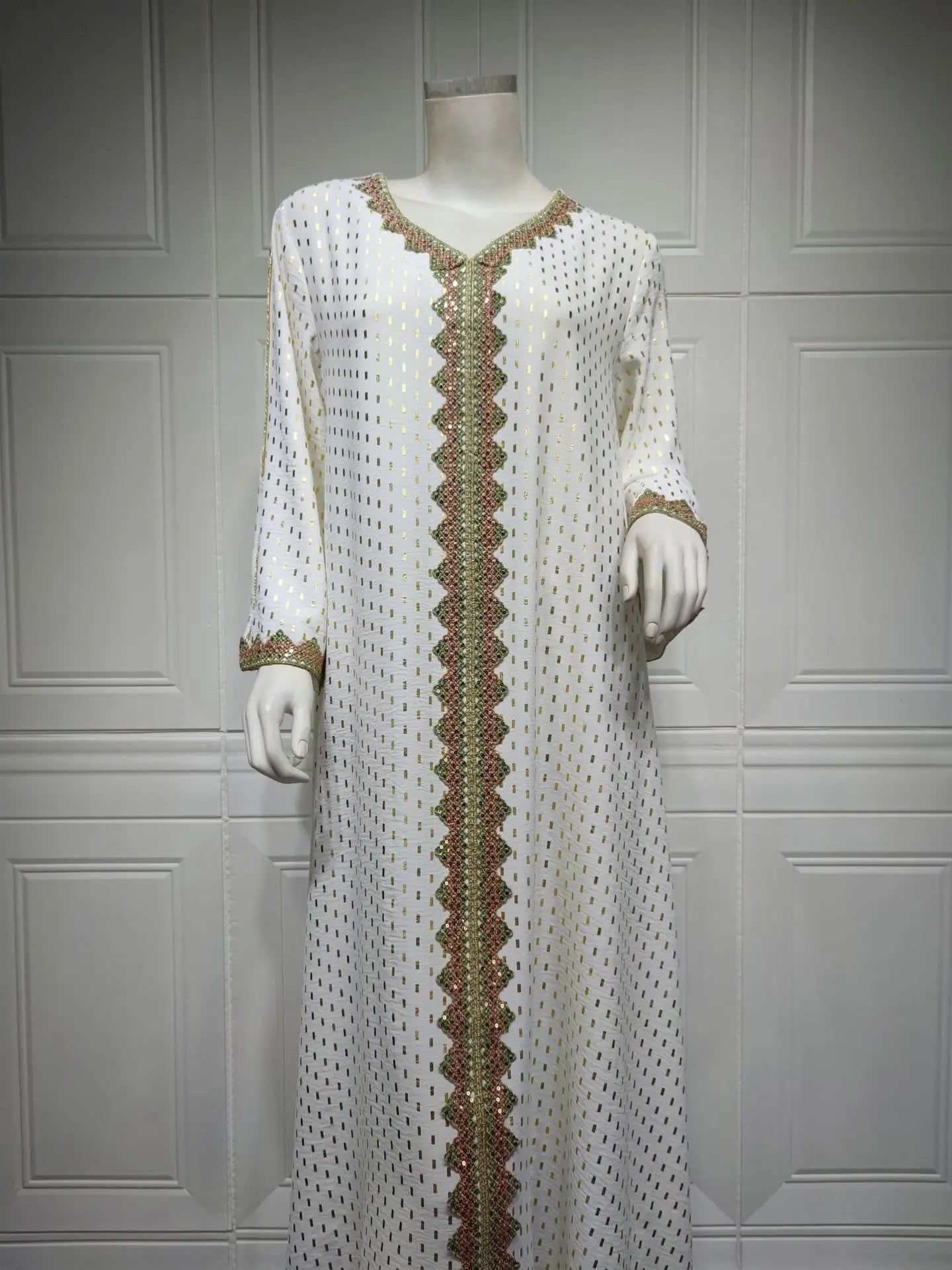 Modest Muslim Maxi Dress For Women Spring 2025 Lace Tape Trim V Neck Long Sleeve Loose Arab Oman Dubai Gold Stamping Robe Pink