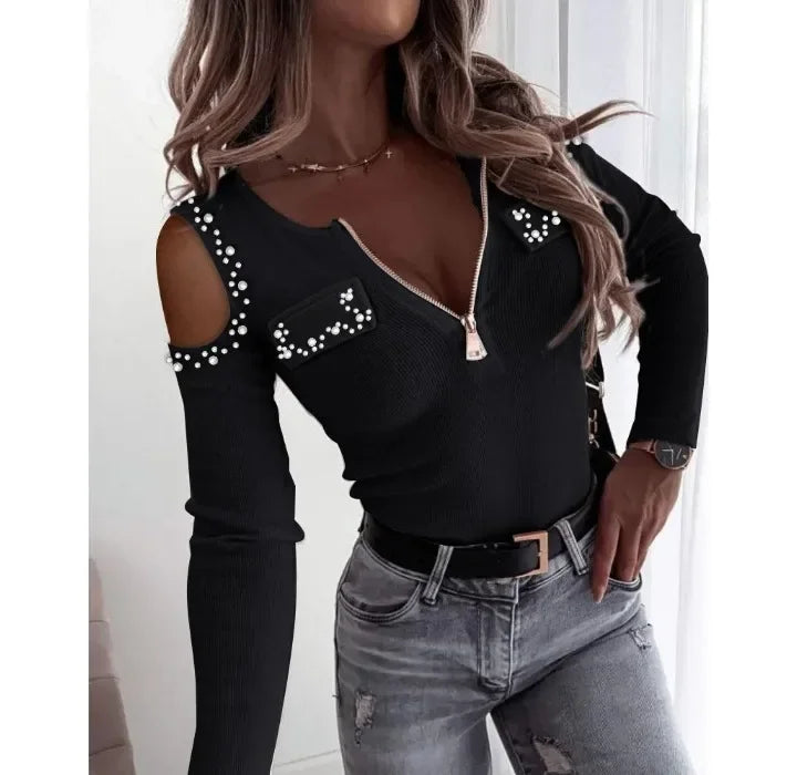 Woman Blouse Streetwear Spring 2024 New Long Sleeved V-Neck Off Shoulder Tops Fashion Casual Daily T-shirt Female's Pullover Tee