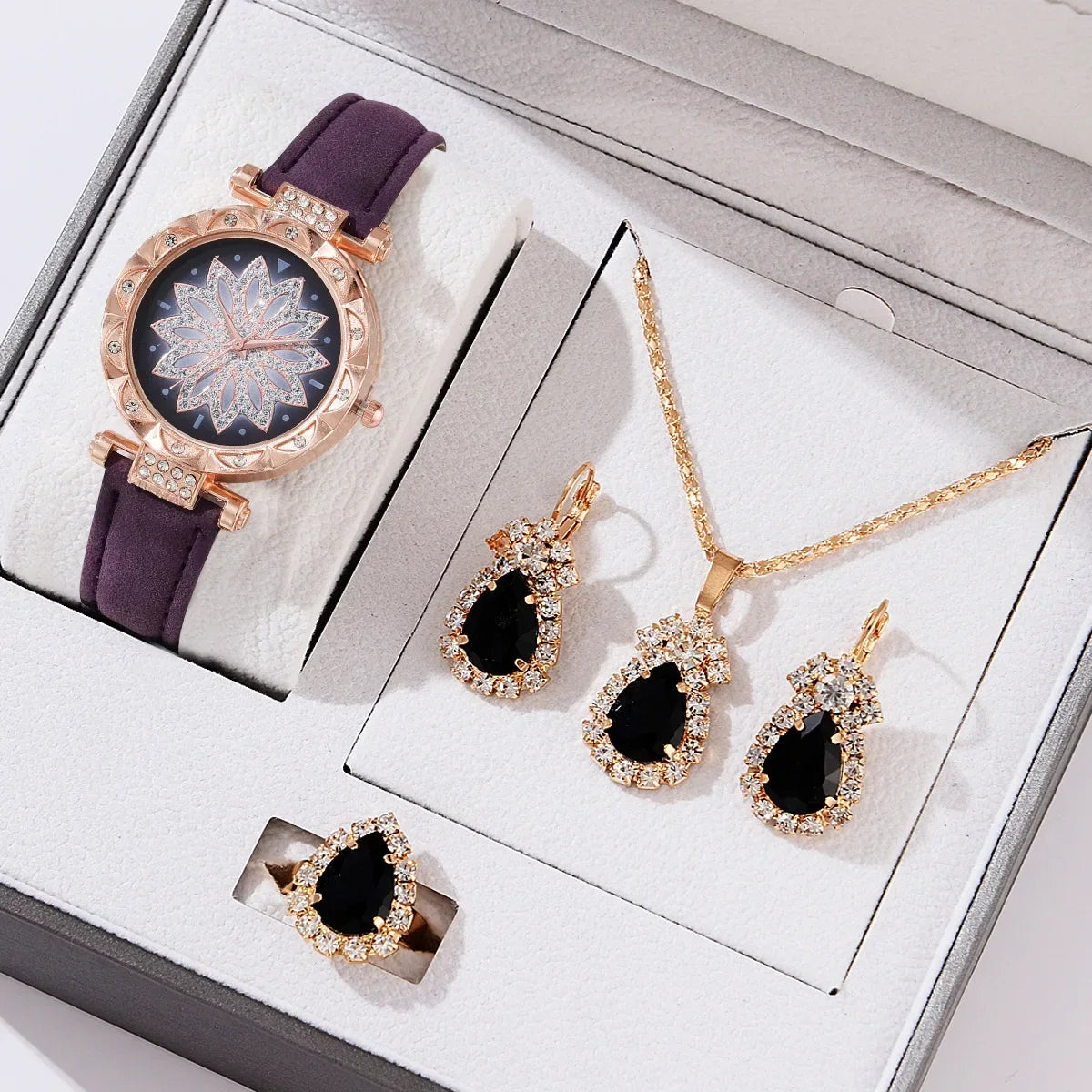 5/6PCS Set Rose Gold Luxury Watch Women Ring Necklace Earring Rhinestone Fashion Wristwatch Casual Ladies Bracelet( No Box)