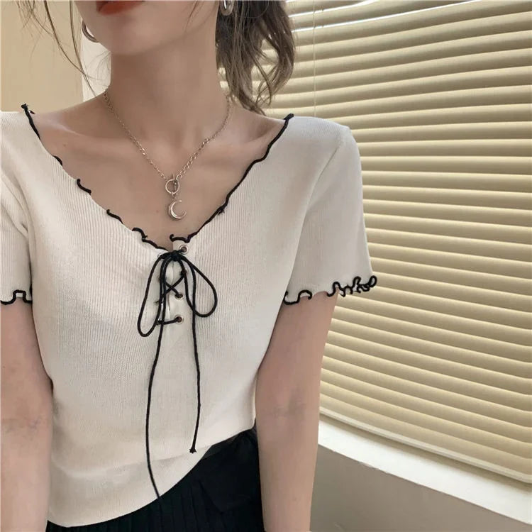 Woman T-shirts Summer White V-neck Top Knitted Short-Sleeved T-shirt for Women Mujer Camisetas