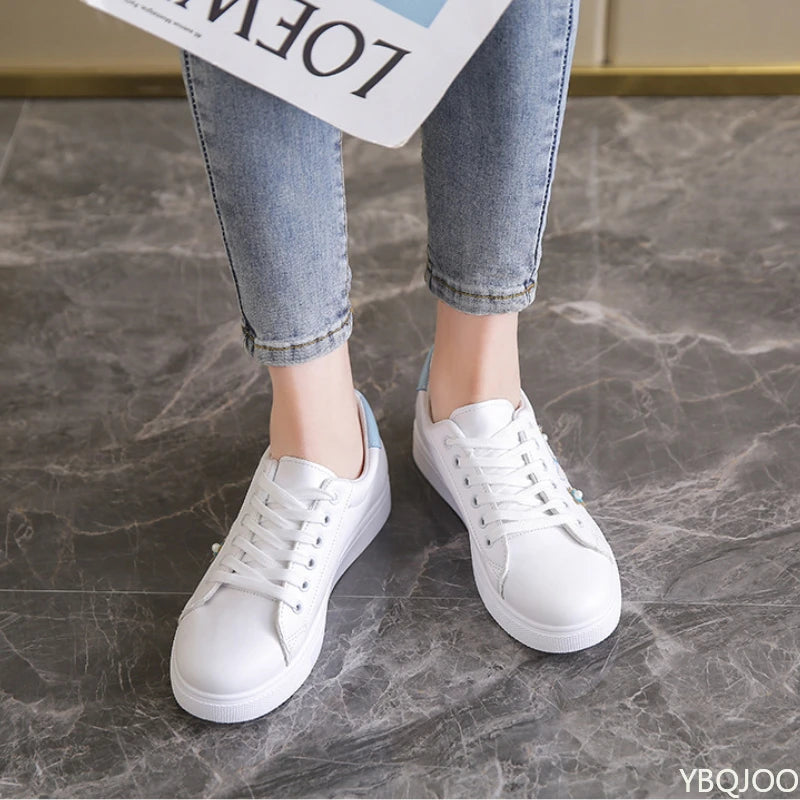 Women's New White Shoes Fashion breathable flats Casual lace up leather shoes Comfortable versatile ladies Sneakers Zapatos