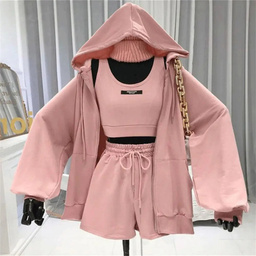 طقم ملابس رياضية نسائية مكون من 3 قطع، مكون من هودي وسويت شيرت وشورت وبدلة أنيقة ومريحة، سترة رياضية، هودي وشورت