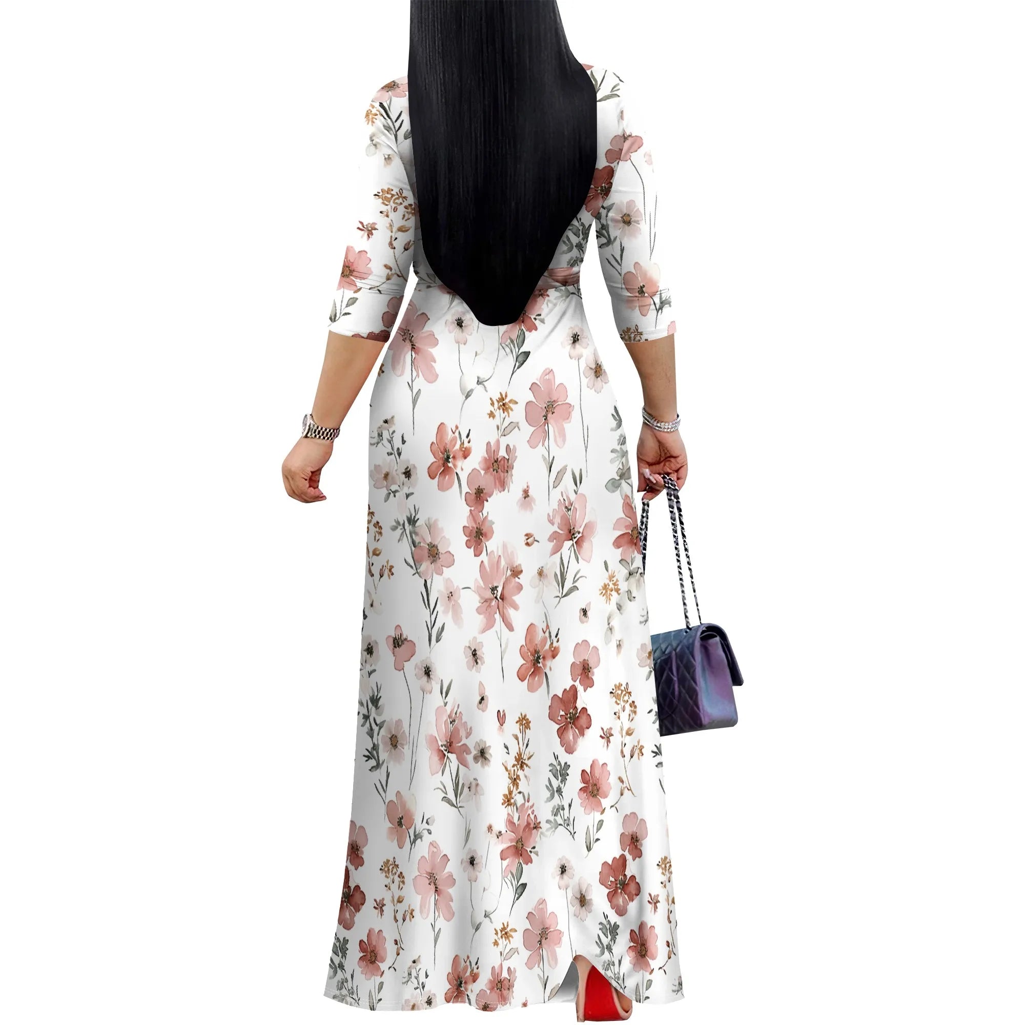 Women's Modest Floral Maxi Dress Wrap V Neck Elegant Long Sleeve Spring Church Wedding Guest Brunch Dress S-3XL