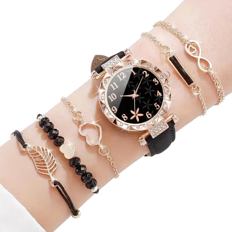 6pcs/set New Women's Rhinestone Dial Strap Quartz Watch Female Casual Heart Firework PU Leather Wrist Watch Ensemble Argent