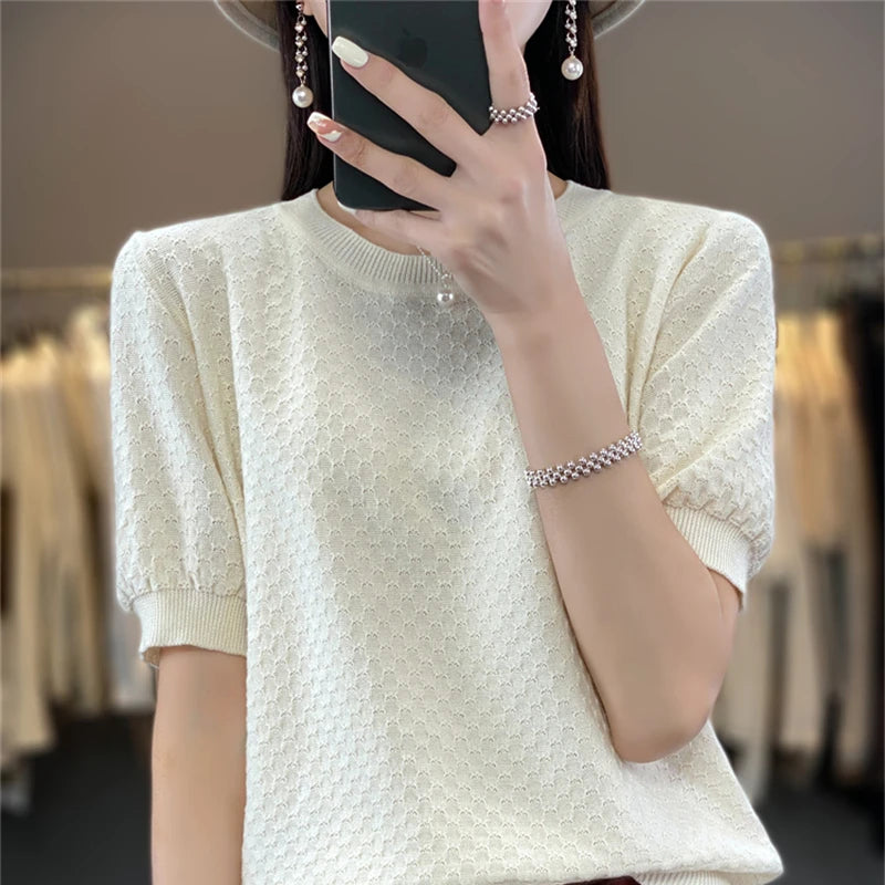 Women's T-shirt Summer 100% Cotton Sweater Short Sleeve Solid Color Round Neck Ladies Tops Loose Blouse Basic Pullover Tees