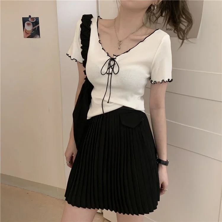 Woman T-shirts Summer White V-neck Top Knitted Short-Sleeved T-shirt for Women Mujer Camisetas