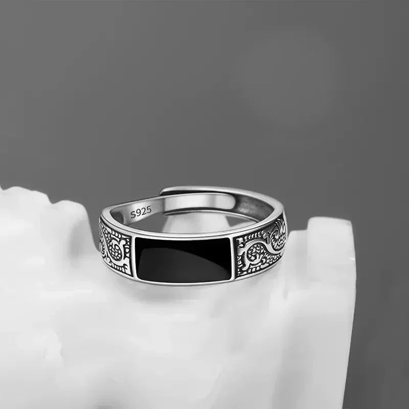 Trendy Vintage 925 Silver Ring for Men Jewelry Black Rectangle Retro Dragon Pattern Ring Male Rings Adjustable 남자 반지 남자친구 선물